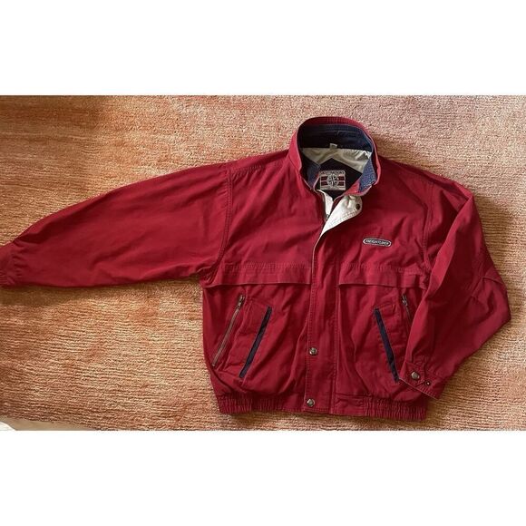Vintage Destinations “Freightliner Jacket Bomber Men's  Size L Red/ Beige Zip - Picture 1 of 10